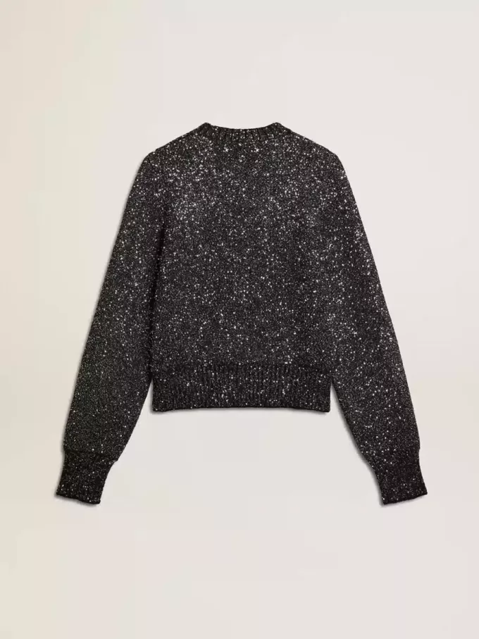 Maglione corto da donna in misto lana nero con paillettes su tutta la superficie