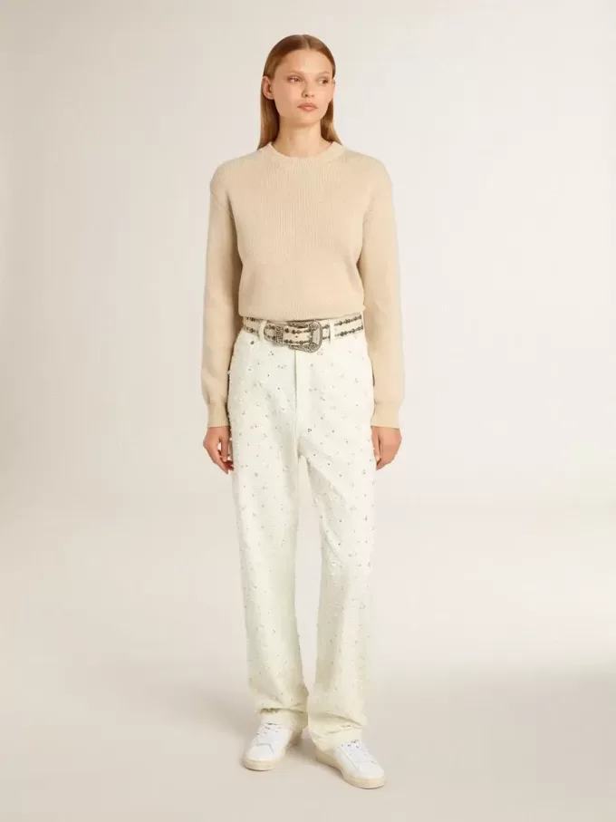 Maglione da donna beige con scritta “Golden” sul retro Maglione da donna beige con scritta “Golden” sul retro