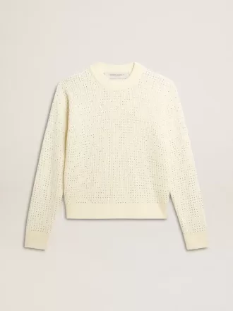 Maglione da donna con collo a giro in lana merino bianca con cristalli su tutta la superficie Maglione da donna con collo a giro in lana merino bianca con cristalli su tutta la superficie