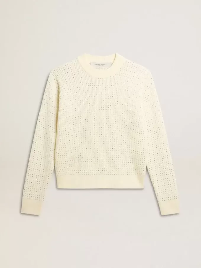 Maglione da donna con collo a giro in lana merino bianca con cristalli su tutta la superficie Maglione da donna con collo a giro in lana merino bianca con cristalli su tutta la superficie