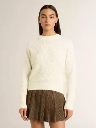 Maglione da donna con collo a giro in lana merino bianca con cristalli su tutta la superficie Maglione da donna con collo a giro in lana merino bianca con cristalli su tutta la superficie