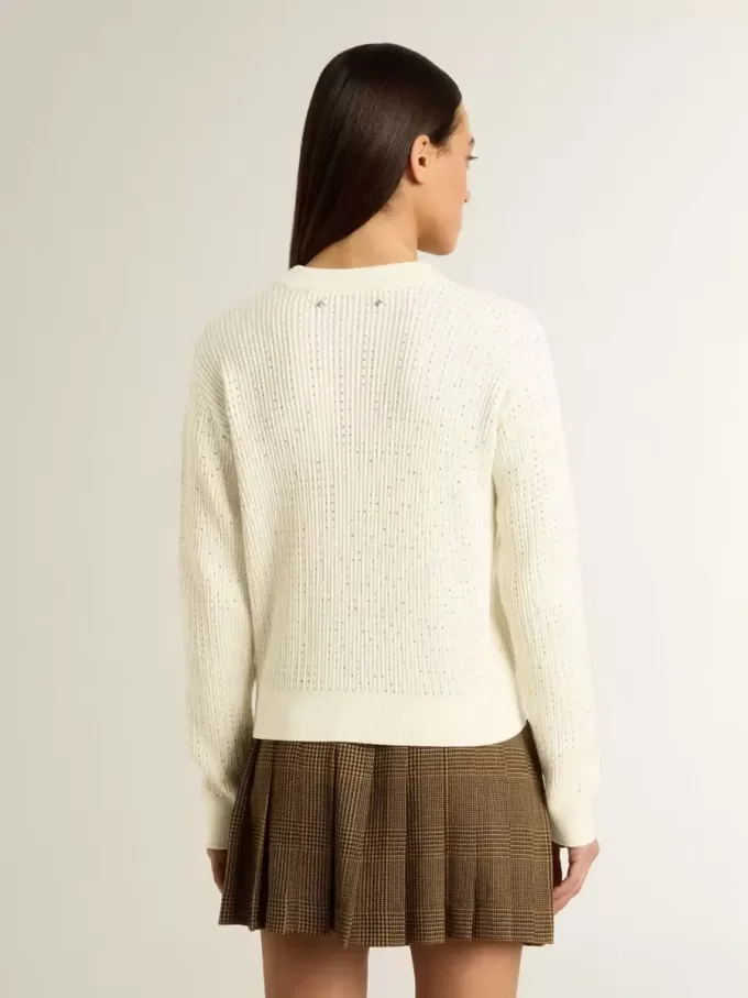 Maglione da donna con collo a giro in lana merino bianca con cristalli su tutta la superficie Maglione da donna con collo a giro in lana merino bianca con cristalli su tutta la superficie