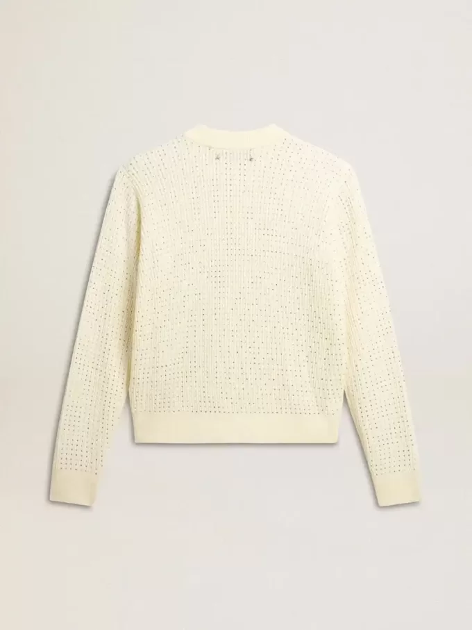 Maglione da donna con collo a giro in lana merino bianca con cristalli su tutta la superficie Maglione da donna con collo a giro in lana merino bianca con cristalli su tutta la superficie