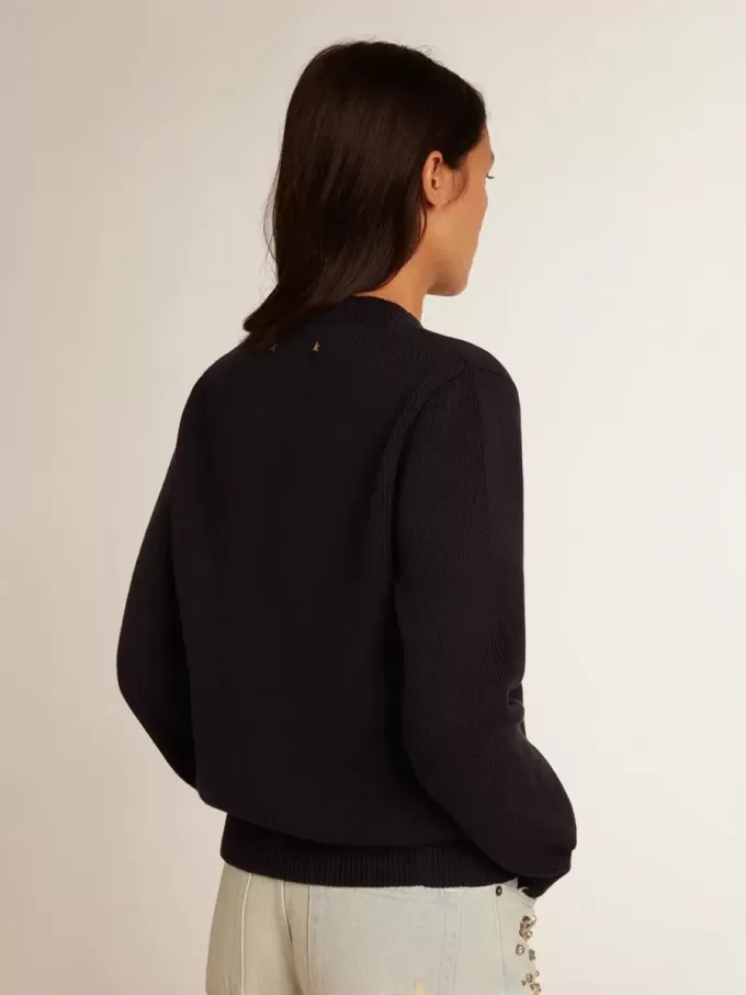 Maglione da donna con collo rotondo in cotone blu scuro Maglione da donna con collo rotondo in cotone blu scuro
