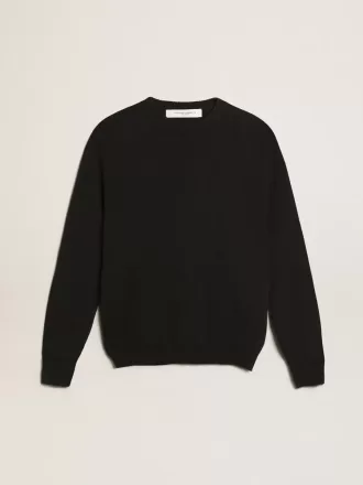 Maglione da donna con collo rotondo in cotone blu scuro con logo sul retro