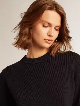 Maglione da donna con collo rotondo in cotone blu scuro con logo sul retro