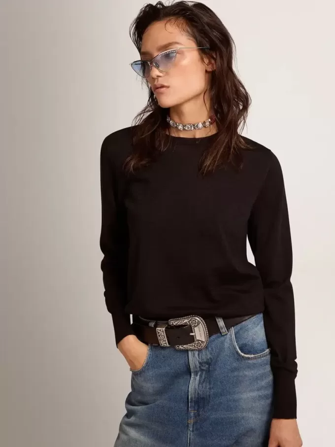 Maglione da donna con collo rotondo in lana nera