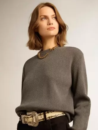 Maglione da donna girocollo in cotone grigio scuro con logo sul retro Maglione da donna girocollo in cotone grigio scuro con logo sul retro
