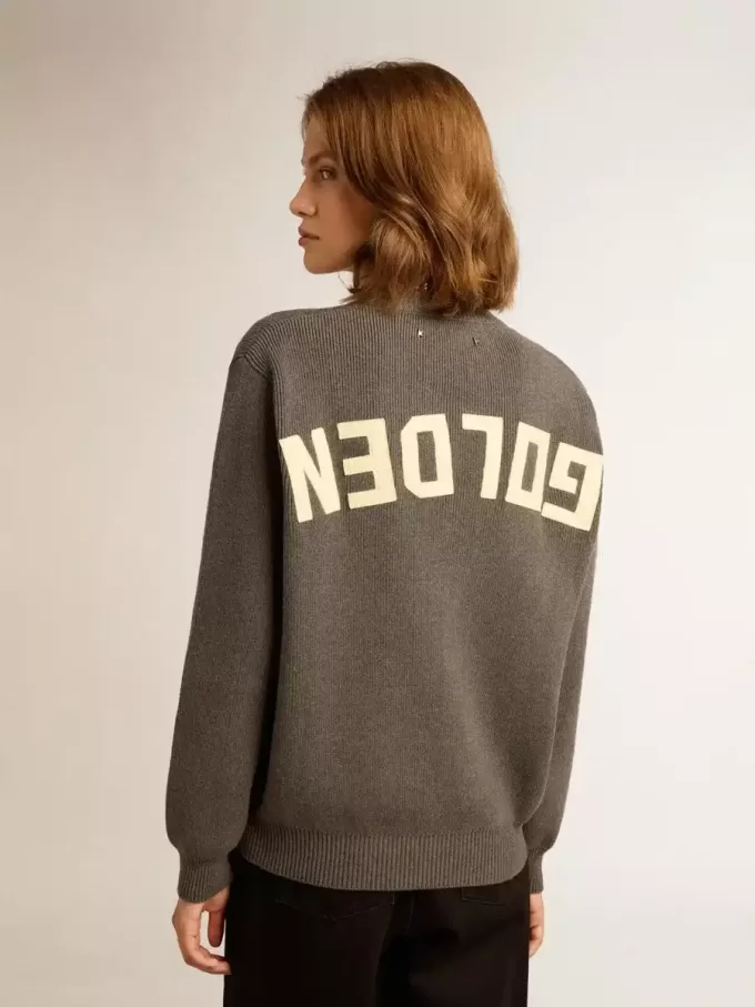 Maglione da donna girocollo in cotone grigio scuro con logo sul retro Maglione da donna girocollo in cotone grigio scuro con logo sul retro