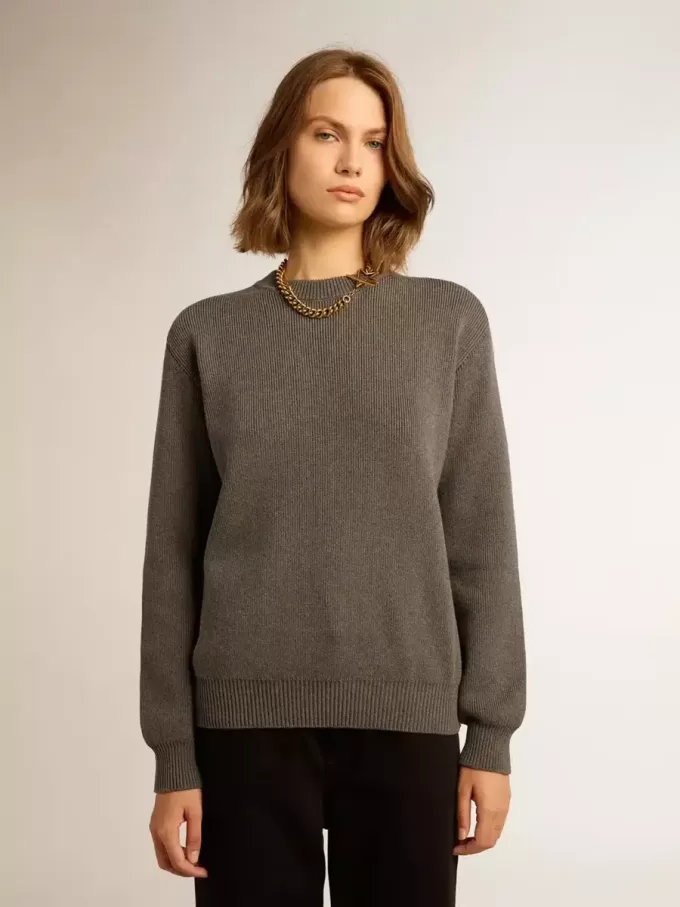 Maglione da donna girocollo in cotone grigio scuro con logo sul retro Maglione da donna girocollo in cotone grigio scuro con logo sul retro