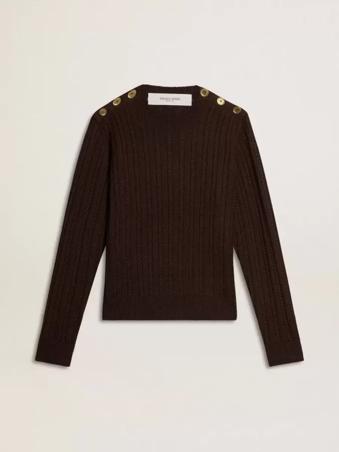 Maglione da donna girocollo in misto lana con bottoni dorati Maglione da donna girocollo in misto lana con bottoni dorati