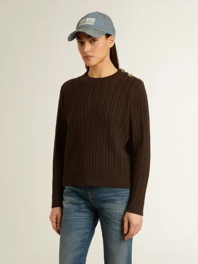 Maglione da donna girocollo in misto lana con bottoni dorati Maglione da donna girocollo in misto lana con bottoni dorati