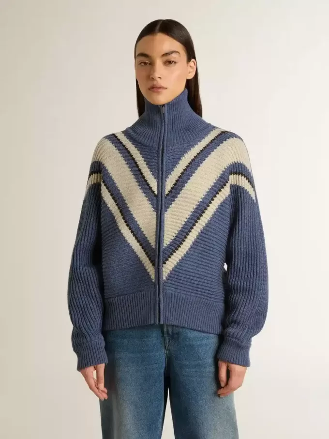 Maglione da donna in lana jacquard azzurro con motivo color crema Maglione da donna in lana jacquard azzurro con motivo color crema