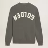 Maglione da uomo a collo rotondo in cotone grigio scuro con logo sul retro Maglione da uomo a collo rotondo in cotone grigio scuro con logo sul retro