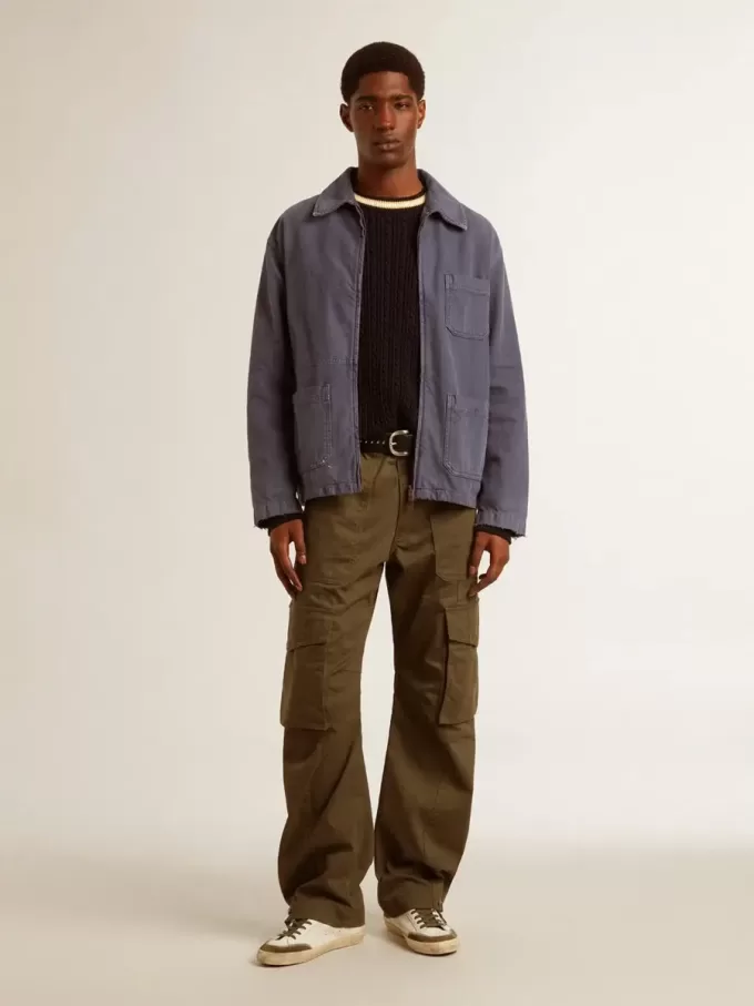 Maglione da uomo blu con collo rotondo e bordi a costine a contrasto Maglione da uomo blu con collo rotondo e bordi a costine a contrasto