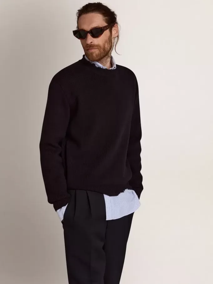 Maglione da uomo girocollo in cotone blu scuro Maglione da uomo girocollo in cotone blu scuro