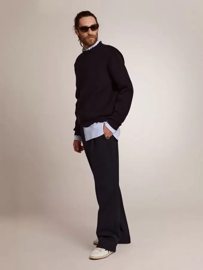 Maglione da uomo girocollo in cotone blu scuro Maglione da uomo girocollo in cotone blu scuro