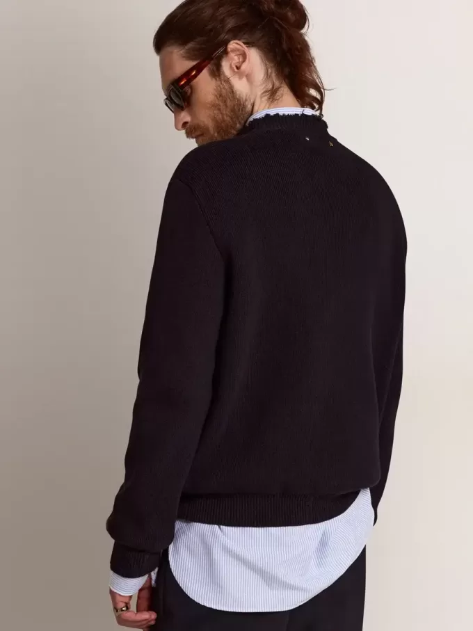 Maglione da uomo girocollo in cotone blu scuro Maglione da uomo girocollo in cotone blu scuro