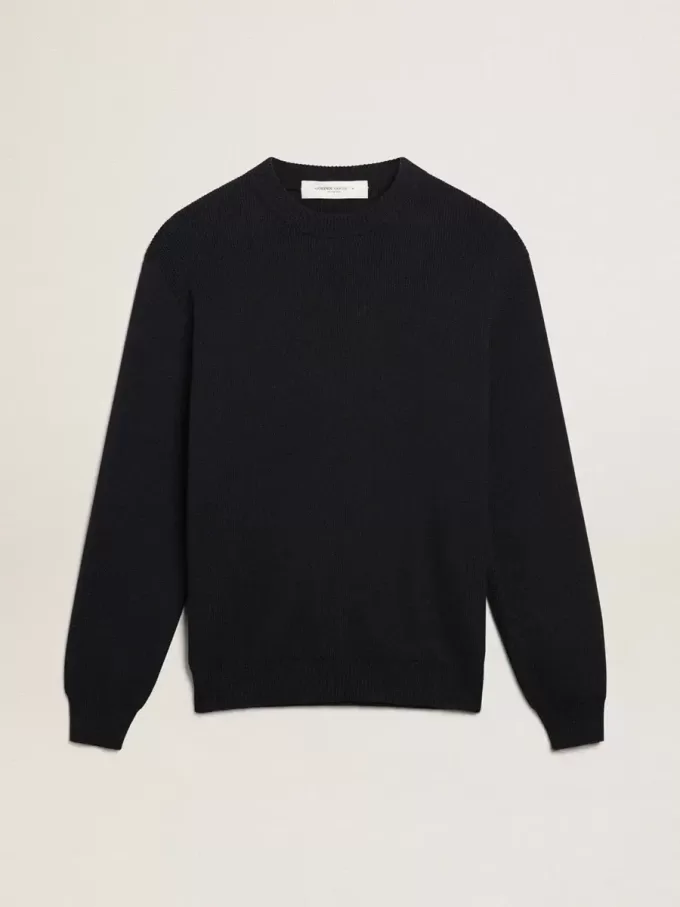 Maglione da uomo girocollo in cotone blu scuro con logo Maglione da uomo girocollo in cotone blu scuro con logo