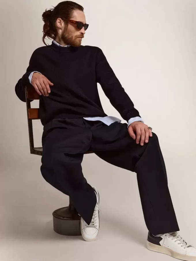 Maglione da uomo girocollo in cotone blu scuro con logo Maglione da uomo girocollo in cotone blu scuro con logo