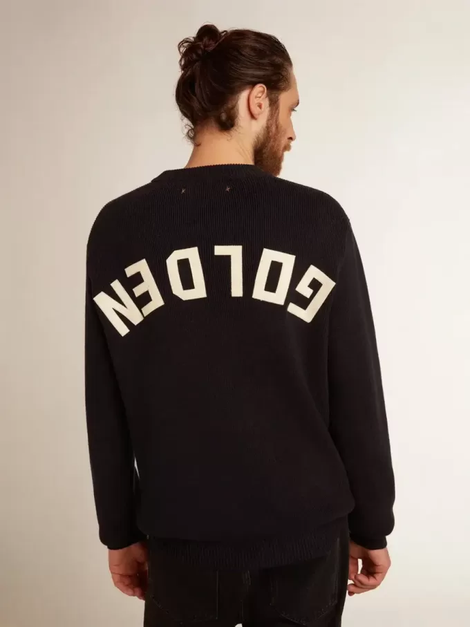 Maglione da uomo girocollo in cotone blu scuro con logo Maglione da uomo girocollo in cotone blu scuro con logo