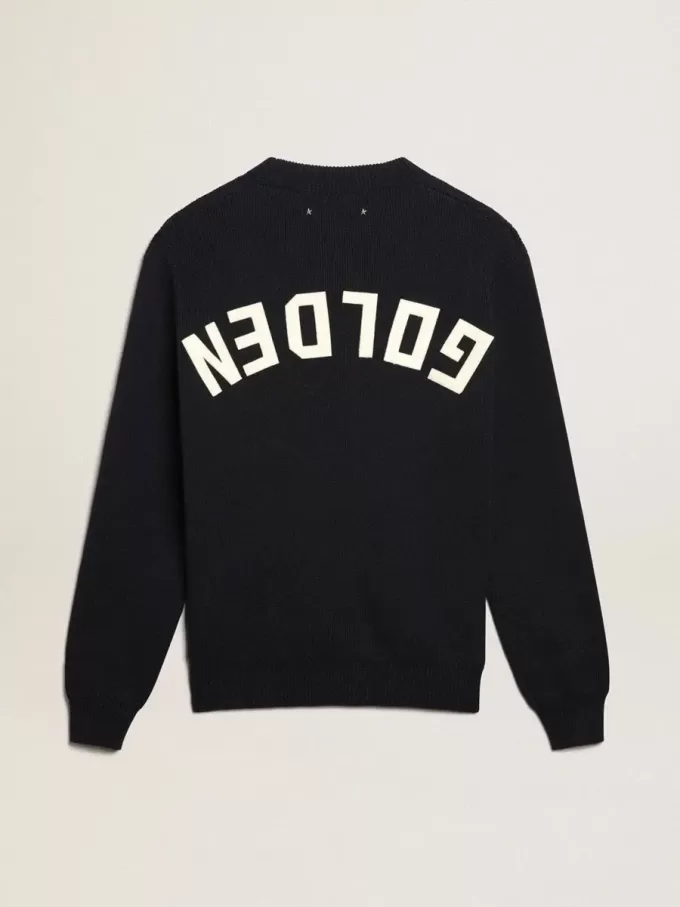 Maglione da uomo girocollo in cotone blu scuro con logo Maglione da uomo girocollo in cotone blu scuro con logo