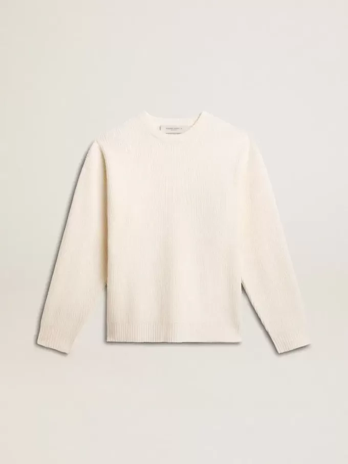 Maglione da uomo girocollo in lana a coste bianco consumato Maglione da uomo girocollo in lana a coste bianco consumato