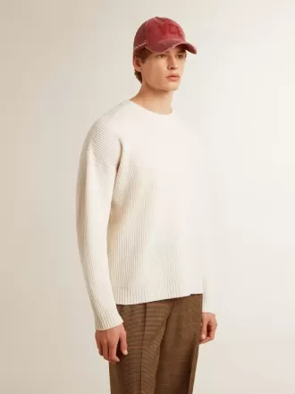Maglione da uomo girocollo in lana a coste bianco consumato