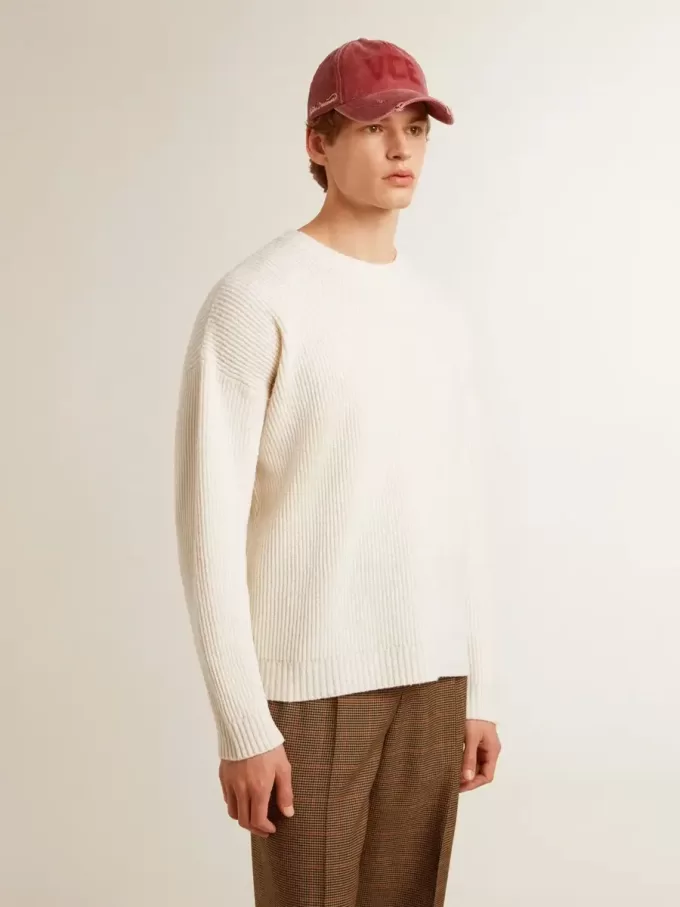 Maglione da uomo girocollo in lana a coste bianco consumato Maglione da uomo girocollo in lana a coste bianco consumato