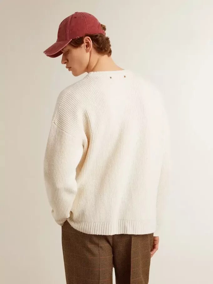 Maglione da uomo girocollo in lana a coste bianco consumato Maglione da uomo girocollo in lana a coste bianco consumato