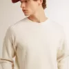 Maglione da uomo girocollo in lana a coste bianco consumato Maglione da uomo girocollo in lana a coste bianco consumato