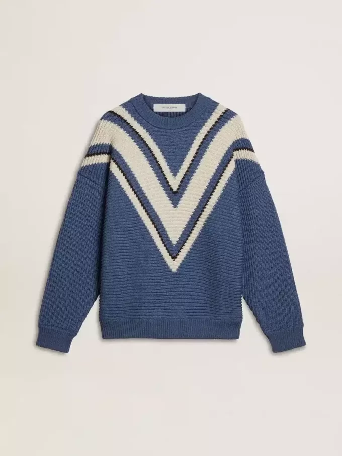 Maglione da uomo in lana jacquard azzurro con motivo color crema Maglione da uomo in lana jacquard azzurro con motivo color crema