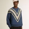Maglione da uomo in lana jacquard azzurro con motivo color crema Maglione da uomo in lana jacquard azzurro con motivo color crema