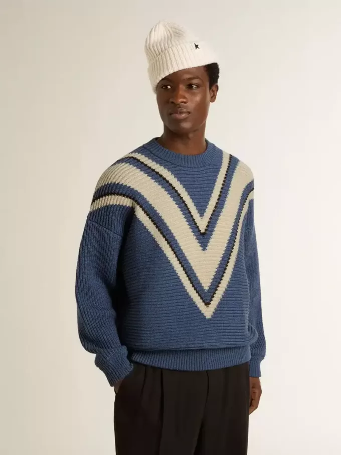 Maglione da uomo in lana jacquard azzurro con motivo color crema Maglione da uomo in lana jacquard azzurro con motivo color crema