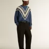 Maglione da uomo in lana jacquard azzurro con motivo color crema Maglione da uomo in lana jacquard azzurro con motivo color crema