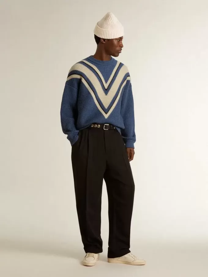 Maglione da uomo in lana jacquard azzurro con motivo color crema Maglione da uomo in lana jacquard azzurro con motivo color crema