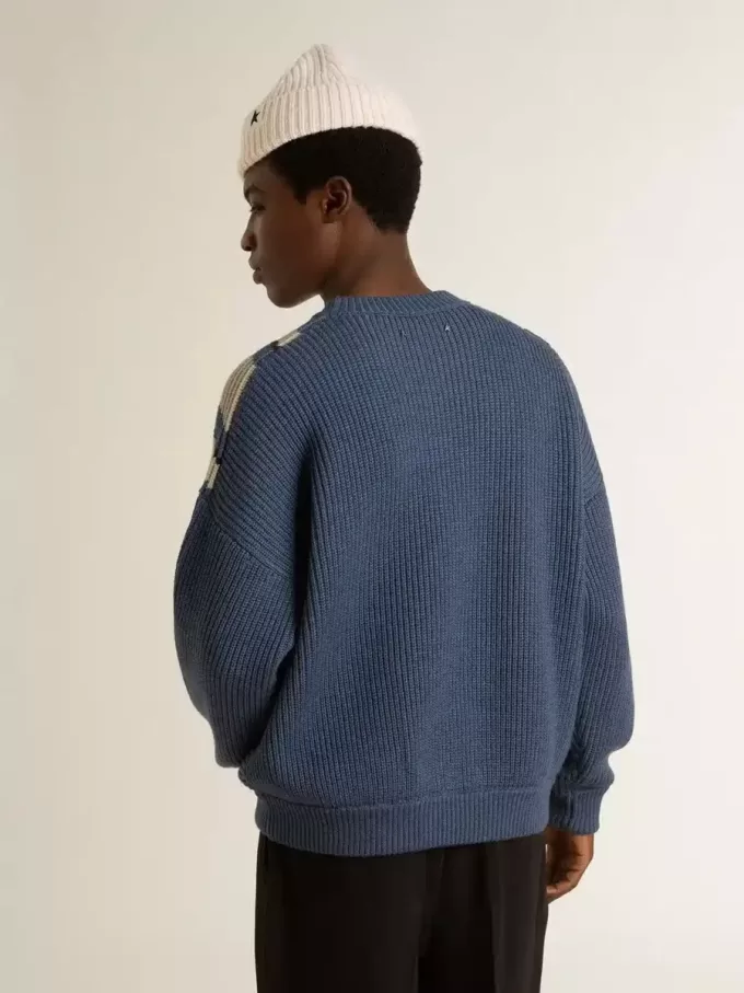 Maglione da uomo in lana jacquard azzurro con motivo color crema Maglione da uomo in lana jacquard azzurro con motivo color crema