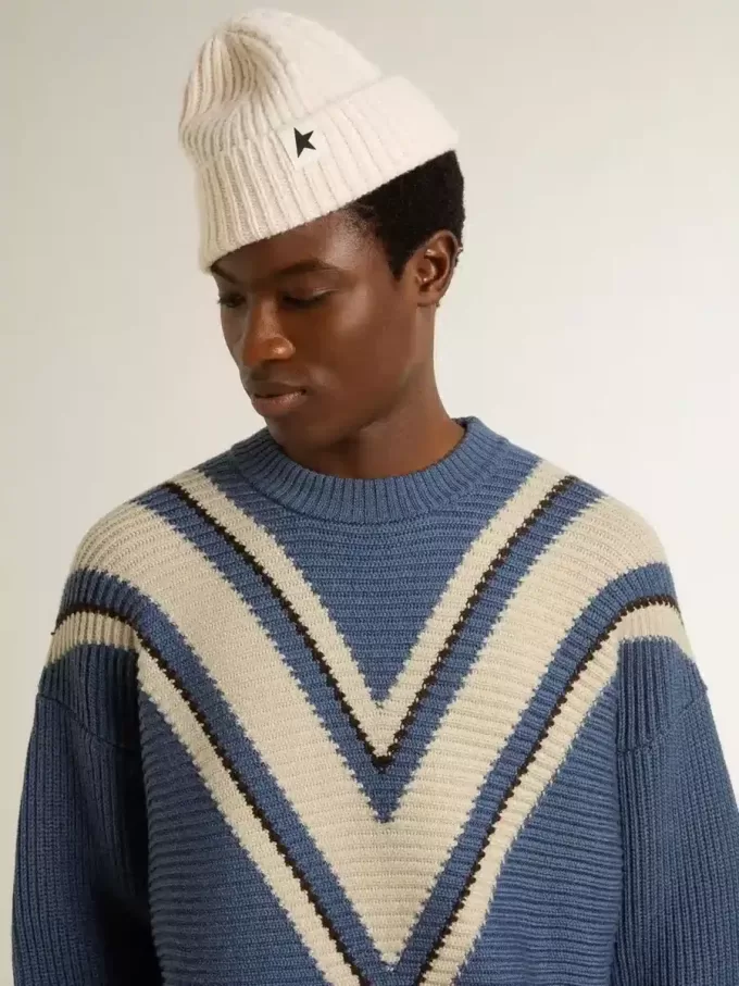Maglione da uomo in lana jacquard azzurro con motivo color crema Maglione da uomo in lana jacquard azzurro con motivo color crema