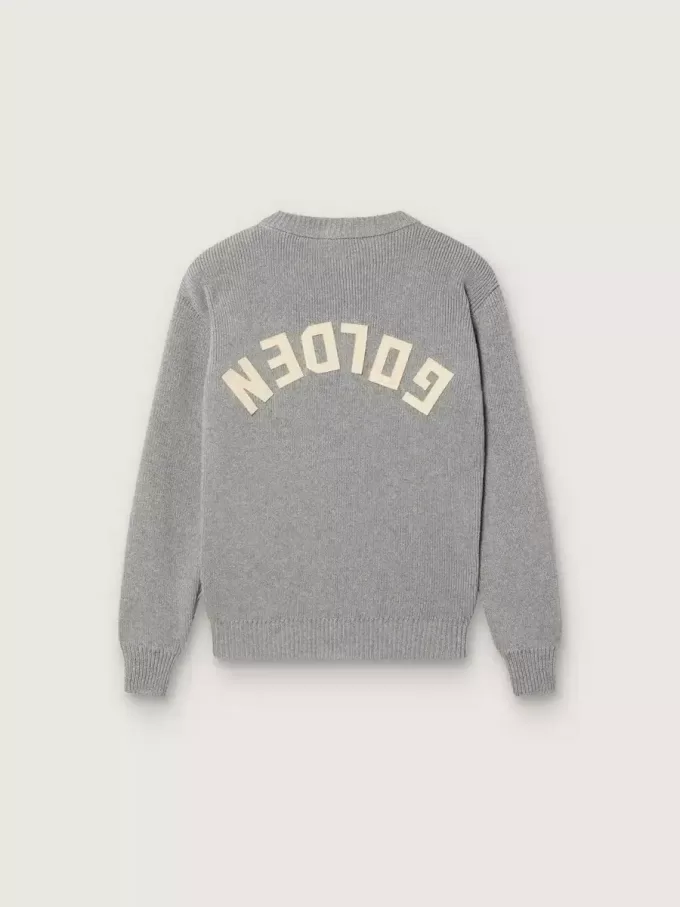Maglione Golden unisex per bambini in grigio melange a costine con logo sul retro