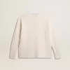 Maglione in lana a coste con scollo a V e coulisse con nappine