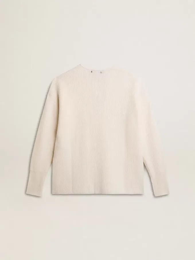 Maglione in lana a coste con scollo a V e coulisse con nappine