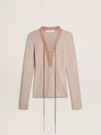 Maglione in lana beige con dettagli in pelle Maglione in lana beige con dettagli in pelle