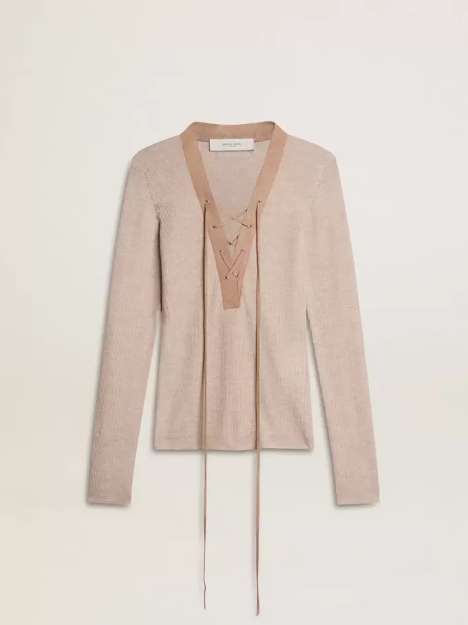 Maglione in lana beige con dettagli in pelle Maglione in lana beige con dettagli in pelle
