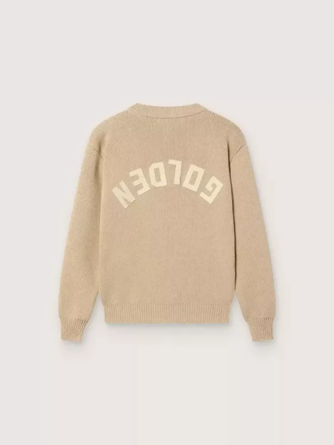 Maglione unisex a costine color beige dorato per bambini con logo sul retro