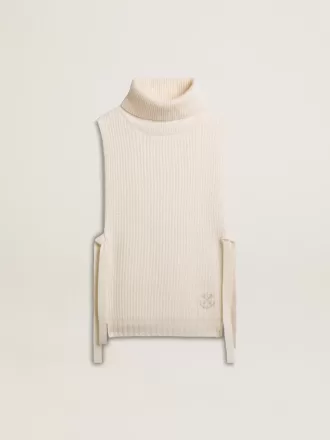Maglione unisex bianco a collo alto senza maniche in lana a costine Maglione unisex bianco a collo alto senza maniche in lana a costine