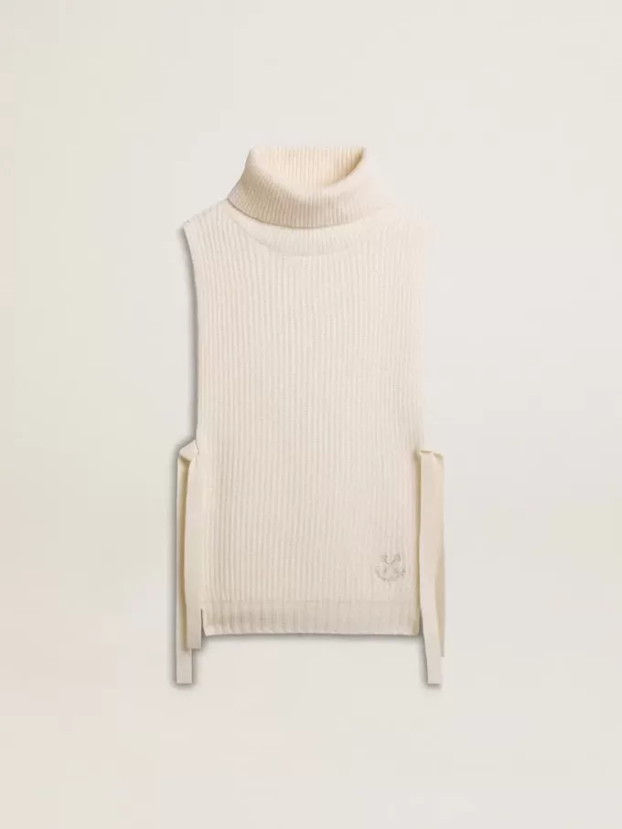 Maglione unisex bianco a collo alto senza maniche in lana a costine Maglione unisex bianco a collo alto senza maniche in lana a costine
