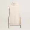 Maglione unisex bianco a collo alto senza maniche in lana a costine Maglione unisex bianco a collo alto senza maniche in lana a costine