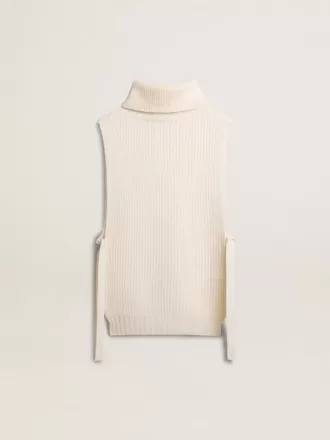Maglione unisex bianco a collo alto senza maniche in lana a costine Maglione unisex bianco a collo alto senza maniche in lana a costine
