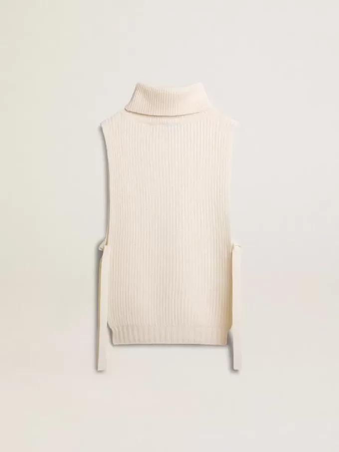 Maglione unisex bianco a collo alto senza maniche in lana a costine Maglione unisex bianco a collo alto senza maniche in lana a costine