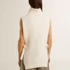 Maglione unisex bianco a collo alto senza maniche in lana a costine Maglione unisex bianco a collo alto senza maniche in lana a costine